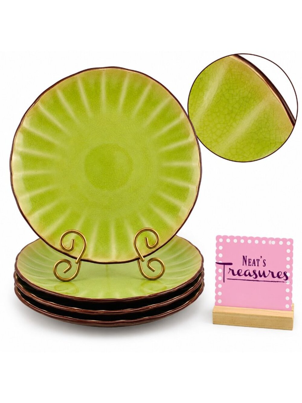 Gibson SILLANO Lime Green Brown Fluted Scallop Cracked Design Dinner Plate Set 4